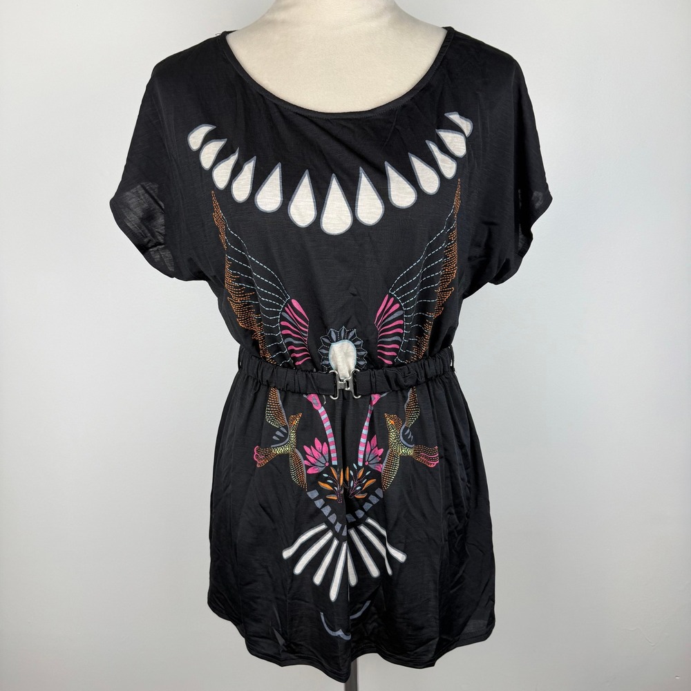 Miuse Womens Black Tribal Bird Double Graphic Belted Tunic Top Size Small